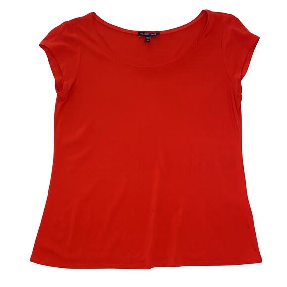 100% Silk Red Short Sleeve Blouse Scoop Neck Top by EILEEN FISHER in XS - Picture 1 of 6
